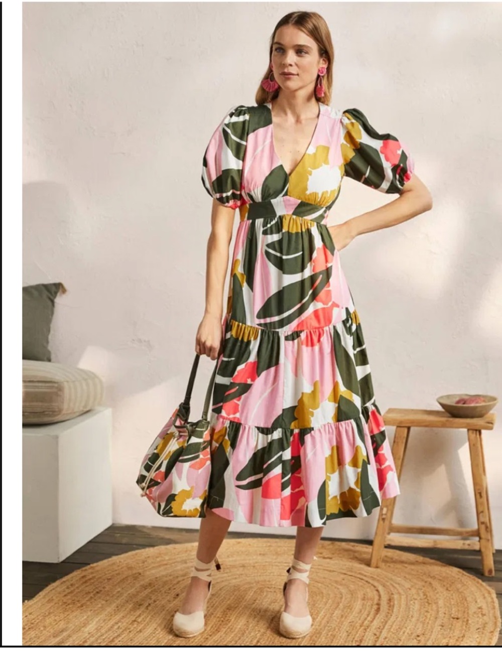 Boden Puff Sleeve Tiered Midi Dress Size 10 Pink Floral Cotton V Neck - Picture 2 of 10
